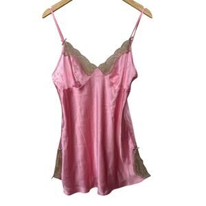 No Boundaries Top Y2K Satin Lace Tank Sleepwear Cami Size Large Pink Beige Bows‎